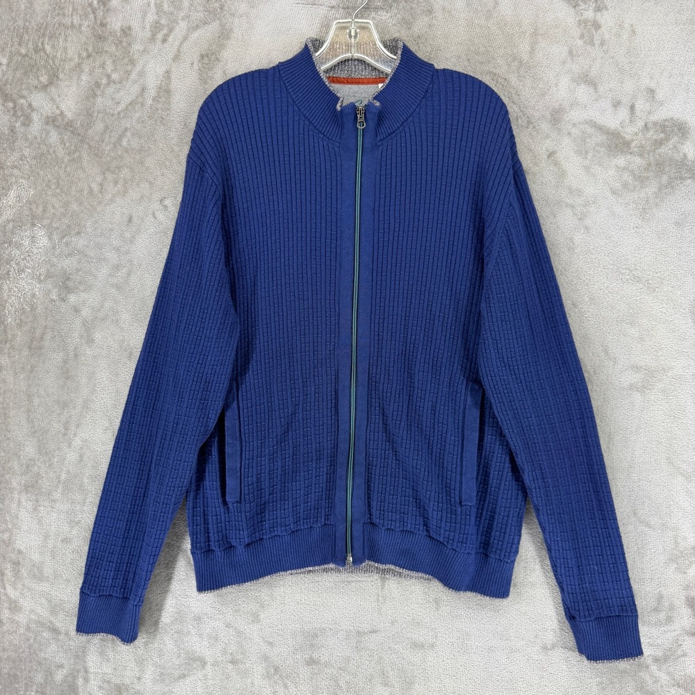 Robert Graham Cardigan Mens XL Classic Fit Blue Waffle Knit Full Zip EUC